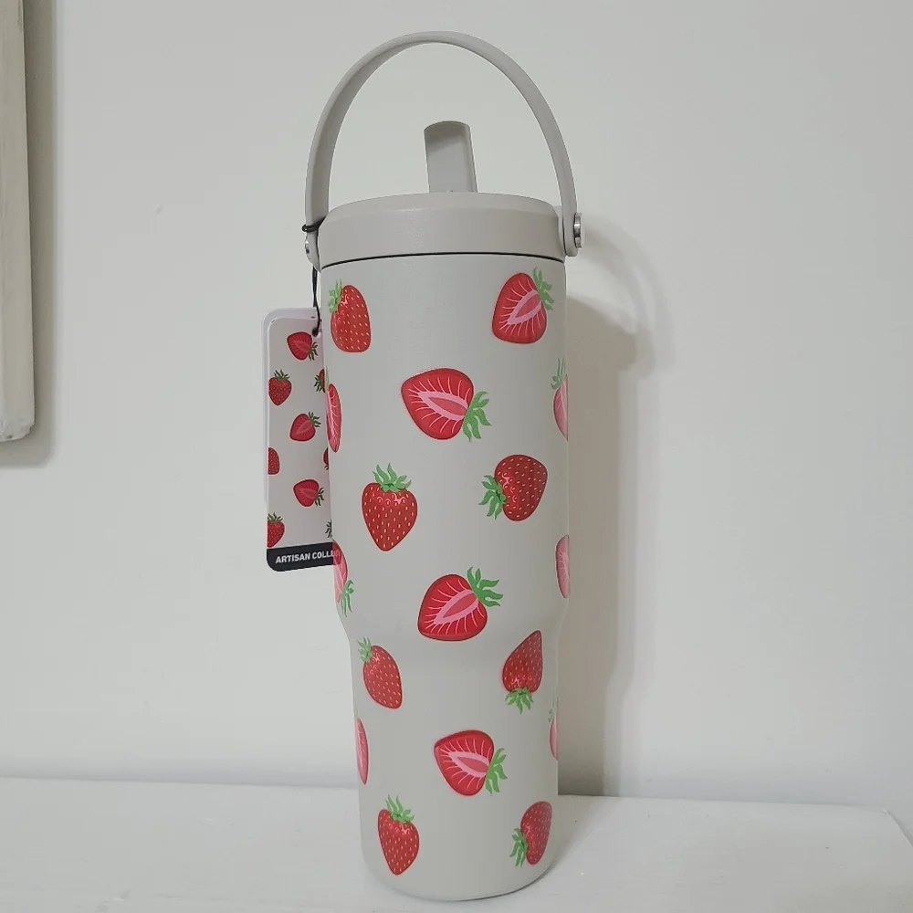 NWT HydraPeak Artisan Collection Strawberry Print Water Bottle 32 oz Flip Straw - Picture 1 of 5